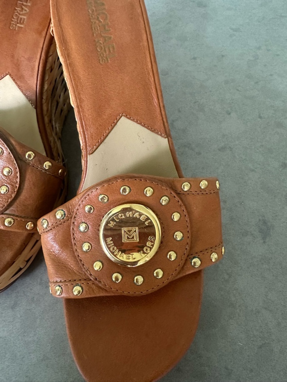 MICHAEL Michael Kors Brown Leather Studded Wedge Slide Sandals
